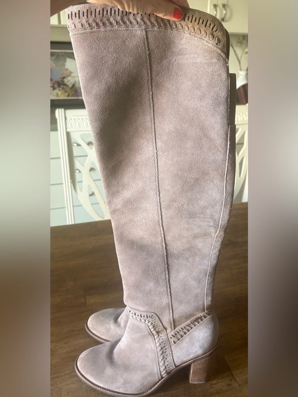 Vince Camuto Over the Knee Suede Boots in Light Taupe